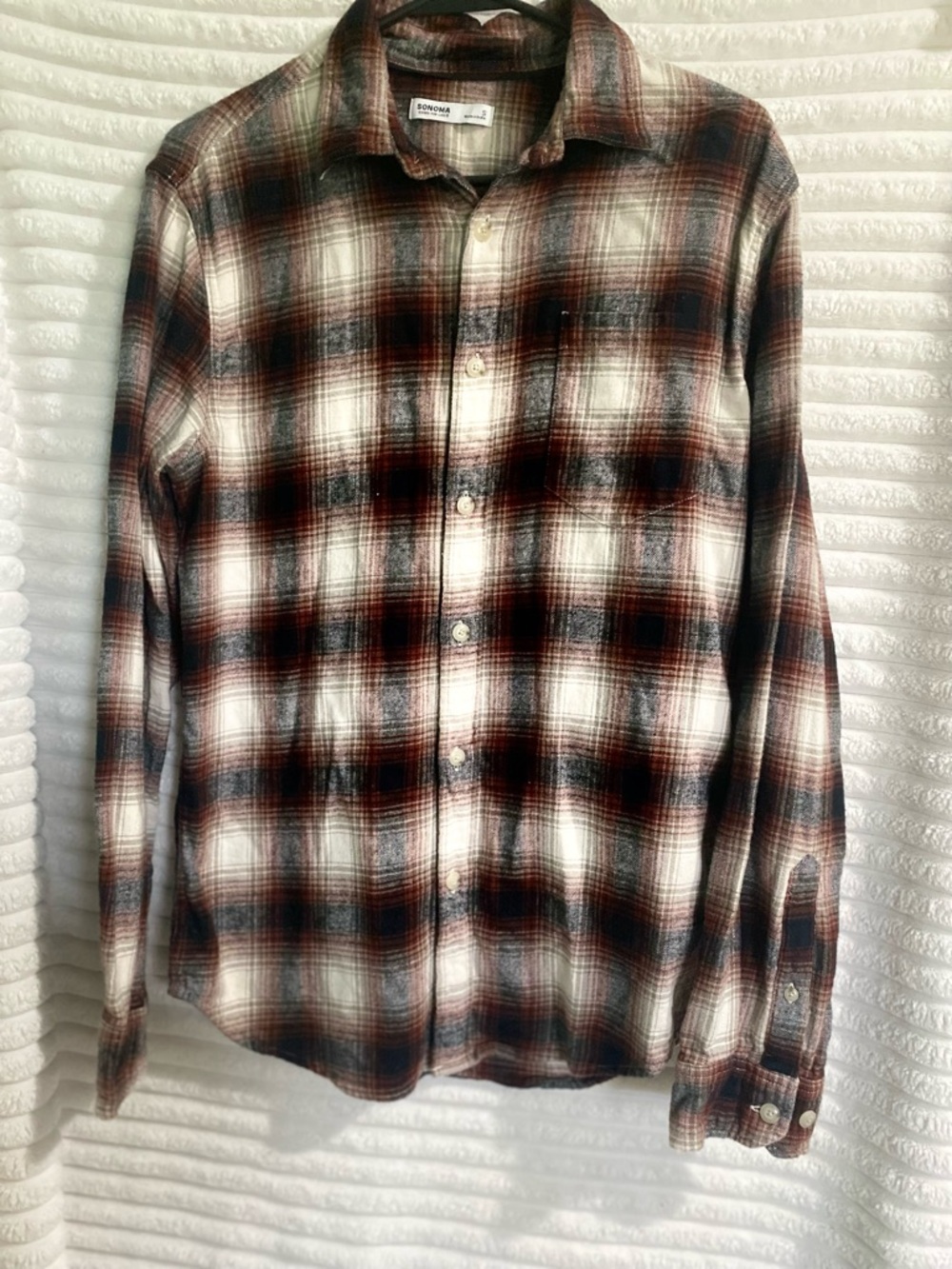 Sonoma Men's Brown and White Plaid Button-Down Shirt